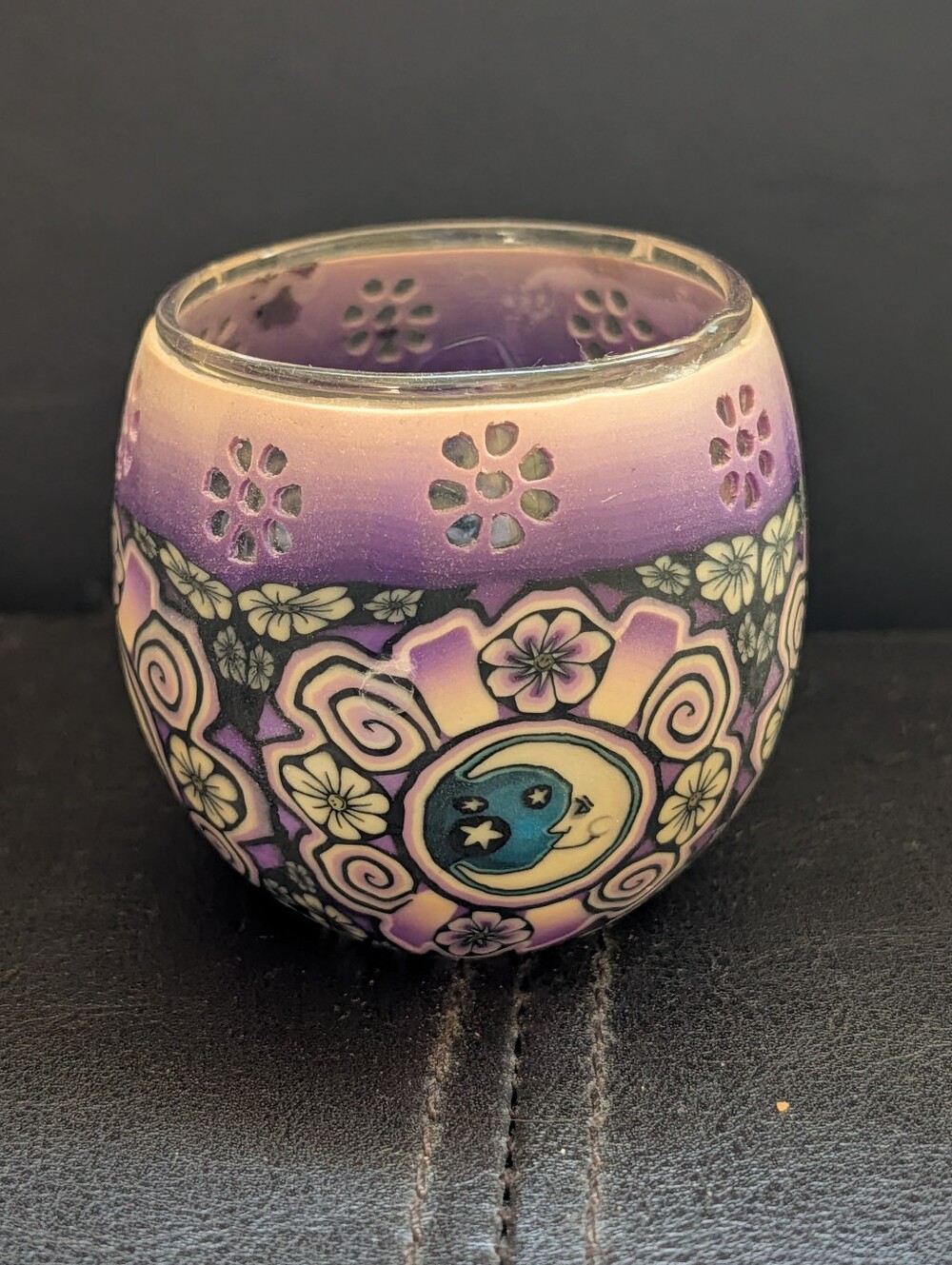 Vintage 90s Y2K Boho Celestial Star Moon Polymer Clay Glass Candle Holder